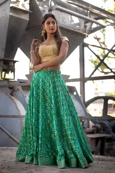 green woven art silk bandhani readymade lehenga cholis