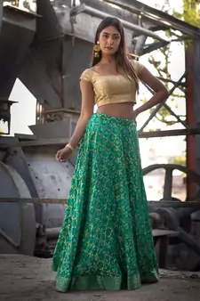 green woven art silk bandhani readymade lehenga cholis