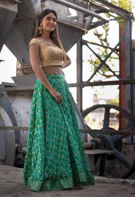 green woven art silk bandhani readymade lehenga cholis 4