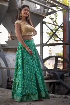 green woven art silk bandhani readymade lehenga cholis
