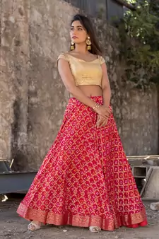red women art silk bandhani reaymade lehenga choli