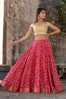 red women art silk bandhani reaymade lehenga choli