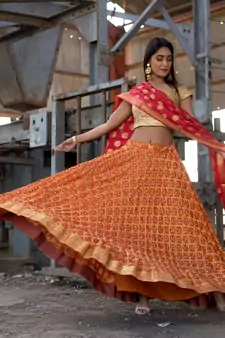 orange woven art silk readymade lehenga cholis