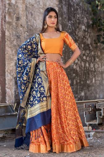orange woven art silk readymade lehenga cholis
