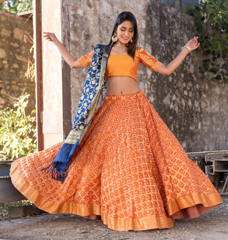 orange woven art silk readymade lehenga cholis