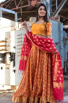 orange woven art silk readymade lehenga cholis