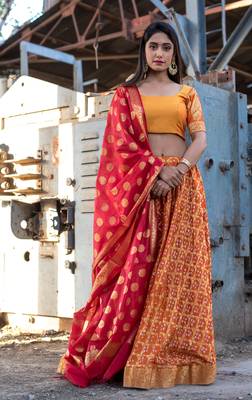 orange woven art silk readymade lehenga cholis 3