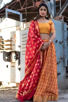 orange woven art silk readymade lehenga cholis