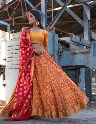 orange woven art silk readymade lehenga cholis 4
