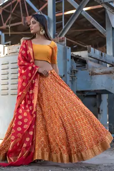 orange woven art silk readymade lehenga cholis