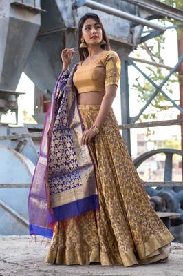 beige woven art silk bandhani readymade lehenga cholis 2