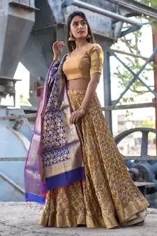 beige woven art silk bandhani readymade lehenga cholis