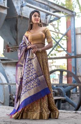 beige woven art silk bandhani readymade lehenga cholis 3