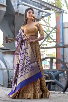 beige woven art silk bandhani readymade lehenga cholis