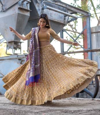beige woven art silk bandhani readymade lehenga cholis 4