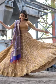 beige woven art silk bandhani readymade lehenga cholis