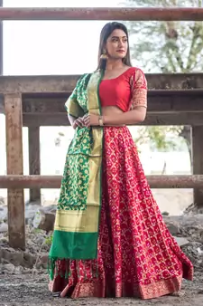 magenta women art silk bandhani readymade lehenga choli