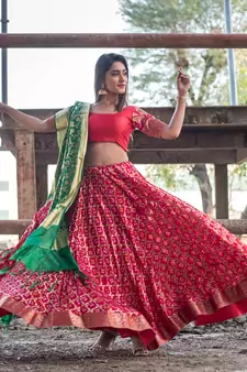 magenta women art silk bandhani readymade lehenga choli