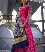 Magenta Bandhani Anarkali With Blue Banarasi Dupatta