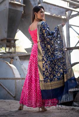 Magenta Bandhani Anarkali With Blue Banarasi Dupatta 3