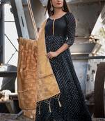 black bandhani print anarkali with golden dupatta