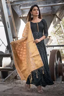 black bandhani print anarkali with golden dupatta