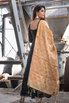 black bandhani print anarkali with golden dupatta