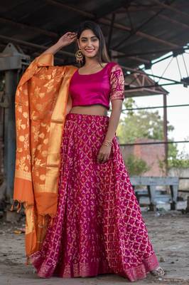 magenta woven art silk bandhani readymade lehenga cholis 2