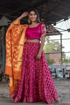 magenta woven art silk bandhani readymade lehenga cholis