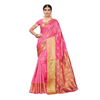 Pink woven chanderi silk saree with blouse 1