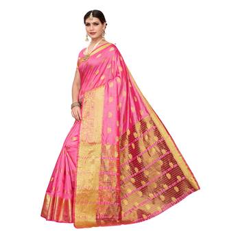 Pink woven chanderi silk saree with blouse 2