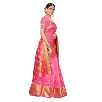 Pink woven chanderi silk saree with blouse 3