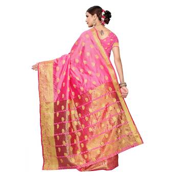 Pink woven chanderi silk saree with blouse 4
