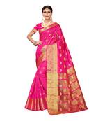 Dark pink woven chanderi silk saree with blouse