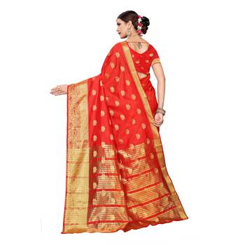 Red woven chanderi silk saree with blouse 4