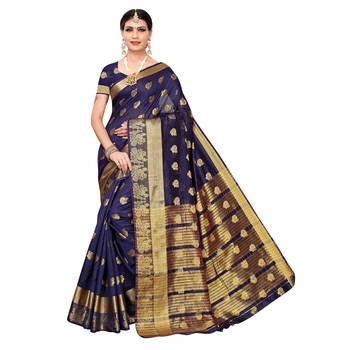 Navy blue woven chanderi silk saree with blouse 1