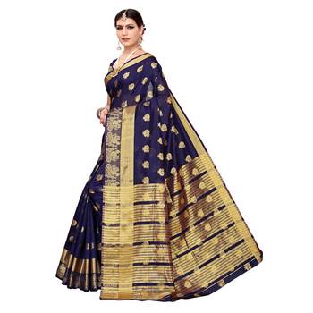 Navy blue woven chanderi silk saree with blouse 2