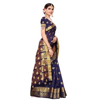 Navy blue woven chanderi silk saree with blouse 3