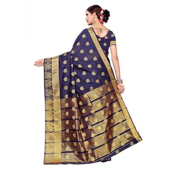 Navy blue woven chanderi silk saree with blouse 4