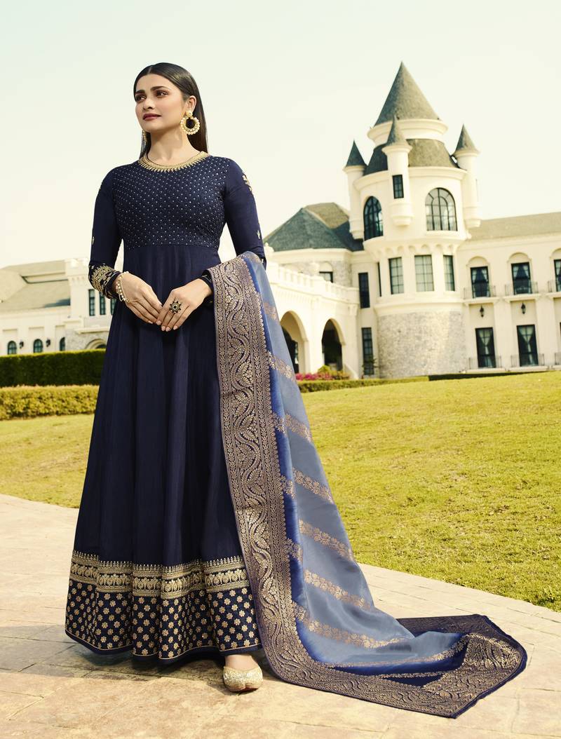 Blue Embroidered Silk Blend Salwar