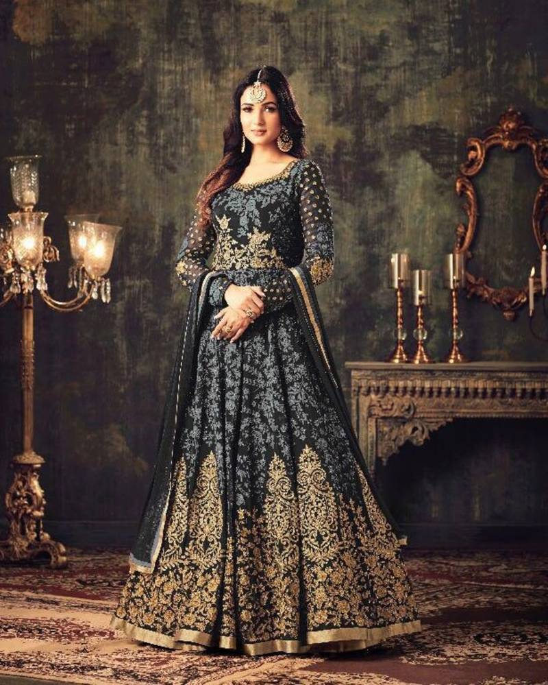 Grey Embroidered Net Salwar