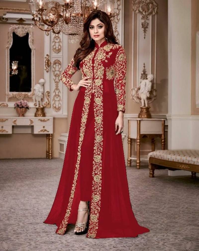 Red Embroidered Georgette Salwar