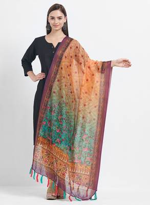 Orange Printed Chanderi Silk Dupatta 1