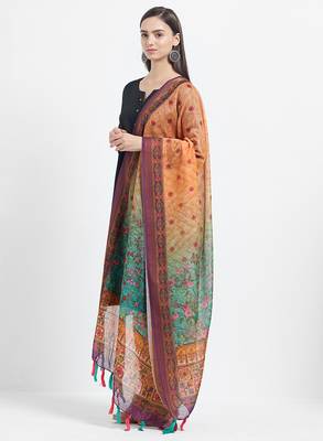 Orange Printed Chanderi Silk Dupatta 2