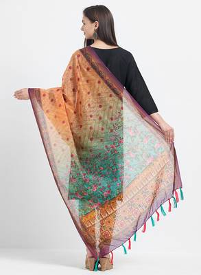 Orange Printed Chanderi Silk Dupatta 4