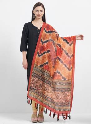 Orange Printed Chanderi Silk Dupatta 1