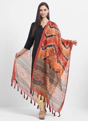 Orange Printed Chanderi Silk Dupatta 3