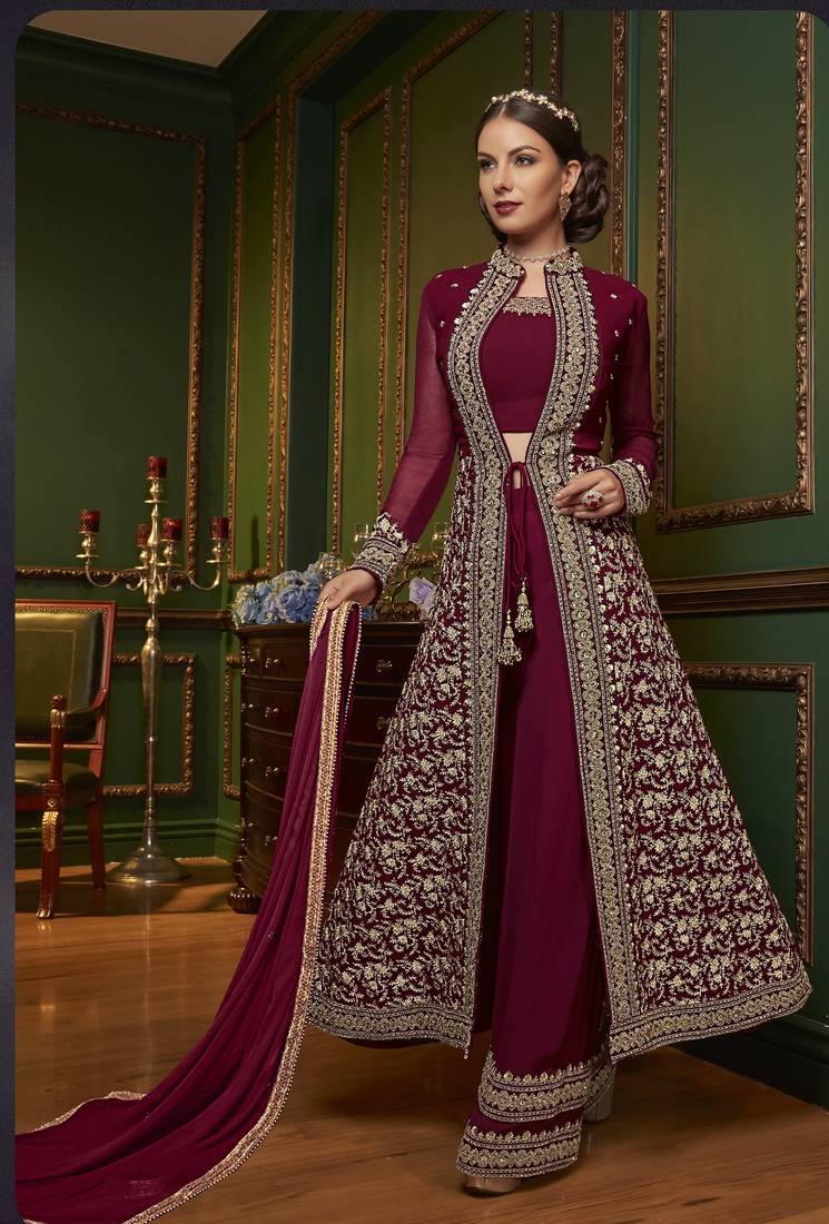 Maroon Embroidered Georgette Salwar