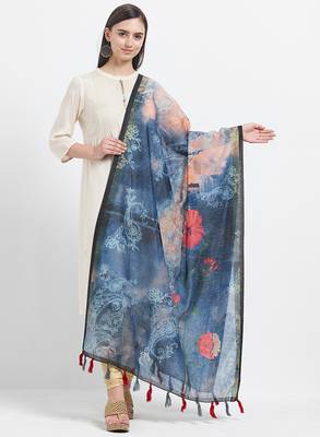 Blue Printed Chanderi Silk Dupatta 1