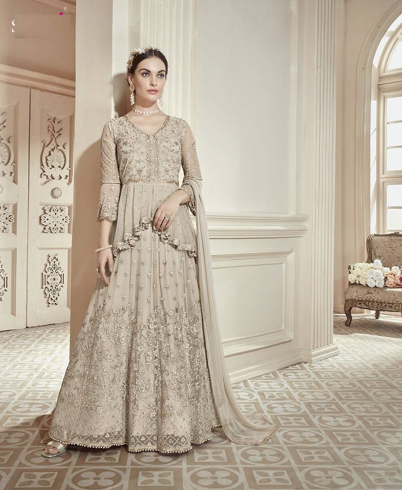 Beige Embroidered Net Salwar